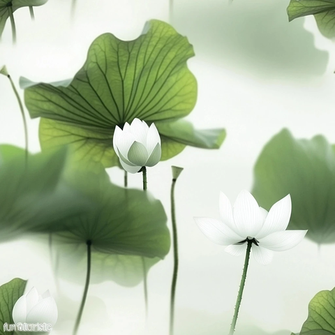 白莲绿叶雾气缭绕