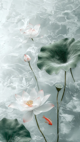 莲花鱼水云纹玻璃画