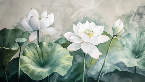 莲花与荷叶壁画图案