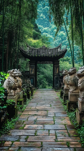 竹林中带有石兽的古式牌坊小径