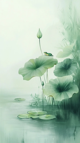 池塘莲花叶上两蛙