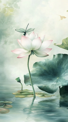 莲花苞龙蜓立静水面