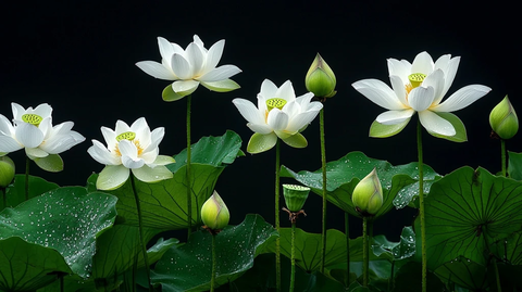 盛开白莲与长叶水滴特写