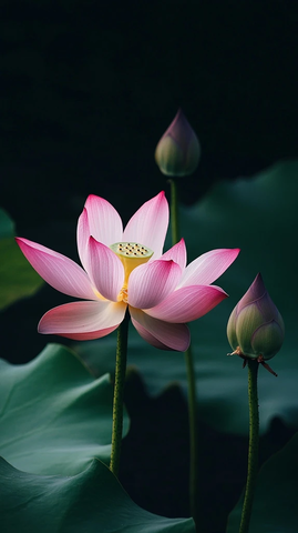 粉色荷花与绿色荷叶