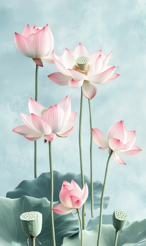 粉色莲花长茎木版画