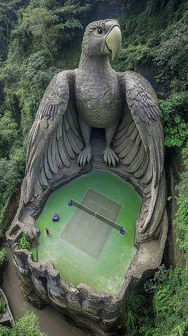 巨型老鹰雕塑内的网球场独特景观