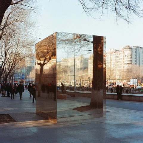 城市街道上的镜面立方体装置艺术
