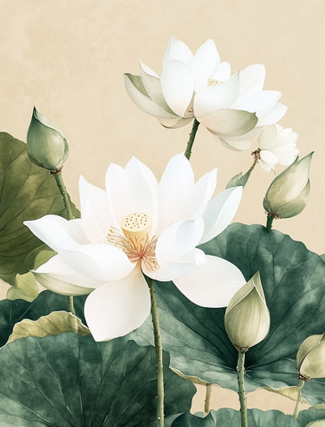 白莲绿叶水彩画