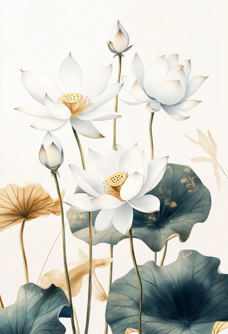 白莲金叶水墨画