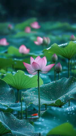 莲花池塘晨露小鲤鱼