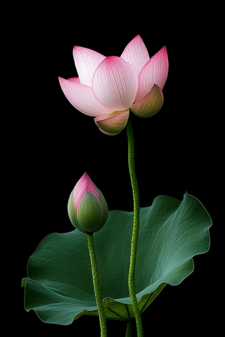 粉色莲花花苞与荷叶