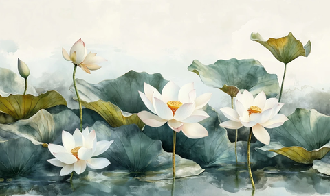 白莲秋叶水彩画