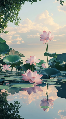 莲叶盛开水面花影交错