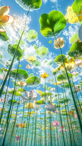 莲池荷叶蓝天白云