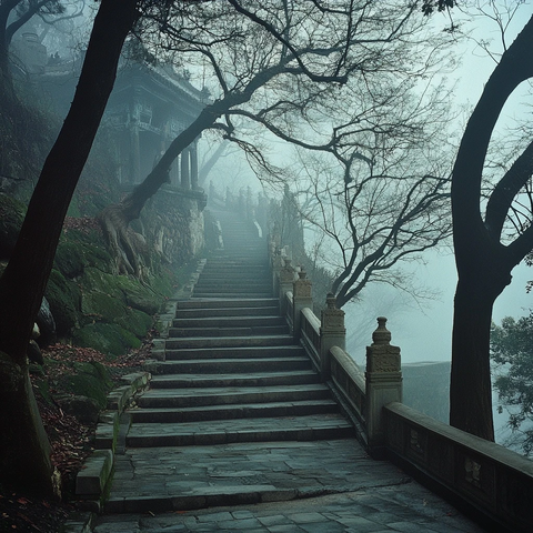 雾中石阶小径古建相伴的静谧景象