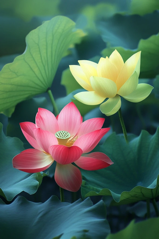 紫红翠绿莲花与黄绿莲花