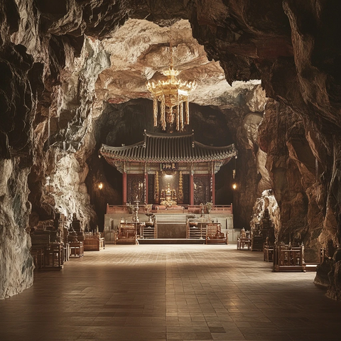 山洞内的中式古建庙宇