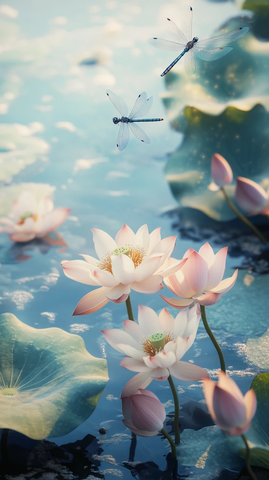 湖边莲花龙虱水面倒影