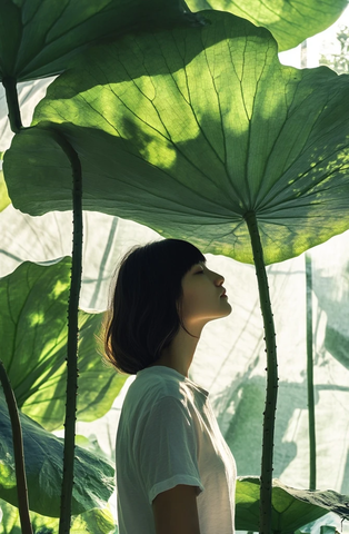 女子倚靠巨莲叶阳光洒落