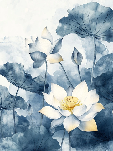 水墨莲花叶蓝黄白灰