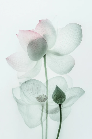 莲花浮空绿叶白背景