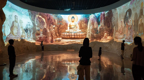 人们在室内参观大型佛像壁画展示