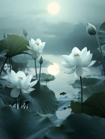 月光下莲花池塘与青蛙