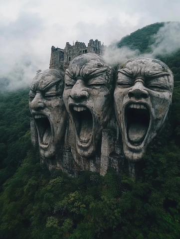 山林间的巨型人脸雕塑群航拍图