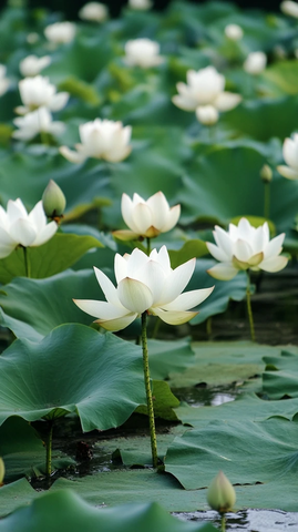 白莲绿叶池塘摇曳