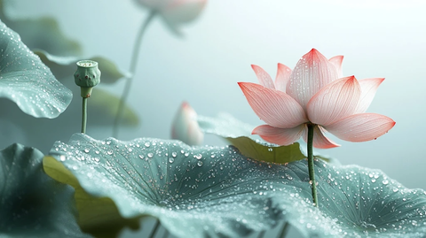 粉莲露珠绿叶近景