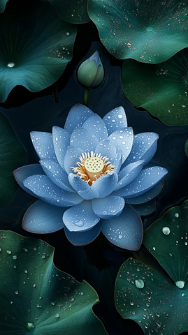 蓝色莲花带露水绿叶环绕