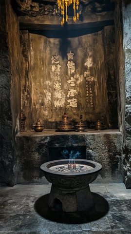 古老石室内焚香场景尽显古朴神秘气息