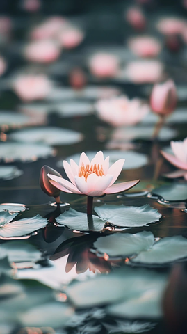 水莲盛开的静谧池塘