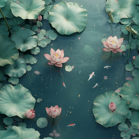 莲花池塘小鱼荷叶