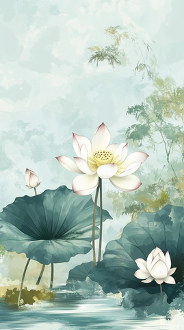 莲花水景中国画
