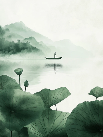 莲花叶水墨画船只