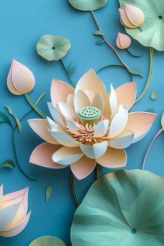 莲花剪纸风格花瓣绿叶