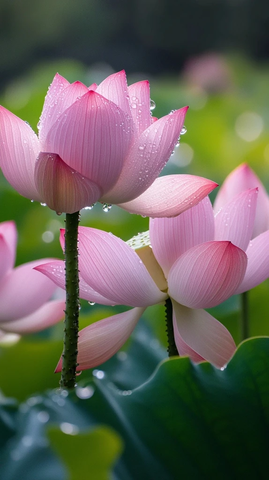 莲池盛开露珠晶莹花瓣柔