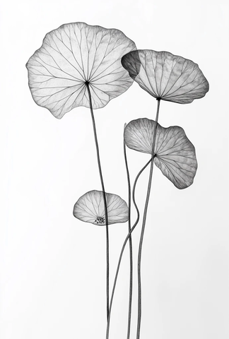 黑白莲花种子与细长叶子