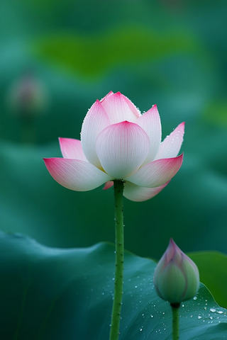 粉色莲苞绿叶水珠