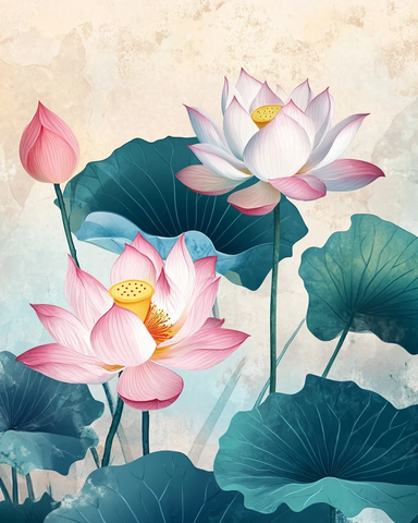 莲花粉红叶艺术插画