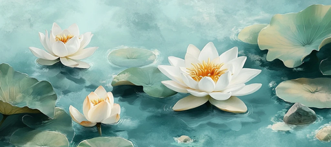 白莲金蕊绿叶浮水图