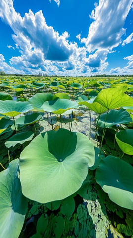 荷塘绿叶水面鸭跖草蓝天