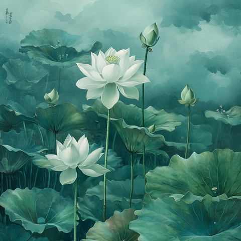 绿莲精细中国画