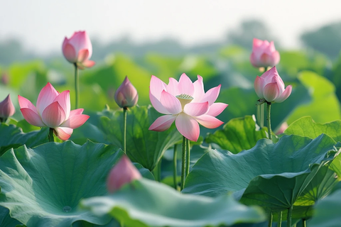 莲花池荷叶粉色花苞