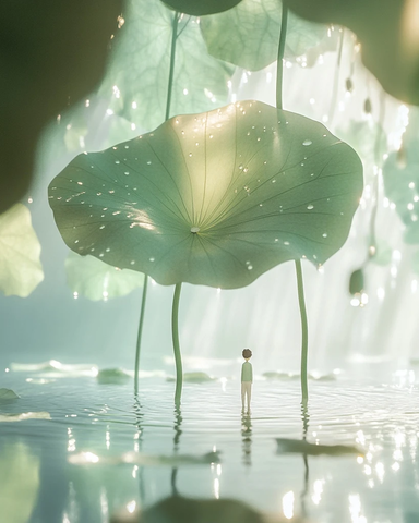 水滴悬叶微人静立