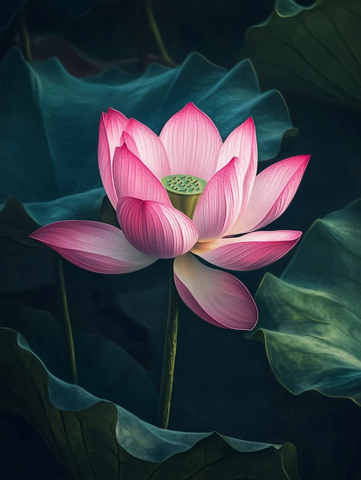 粉色莲花绿叶静态油画