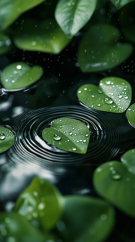 雨滴水面涟漪绿叶光影