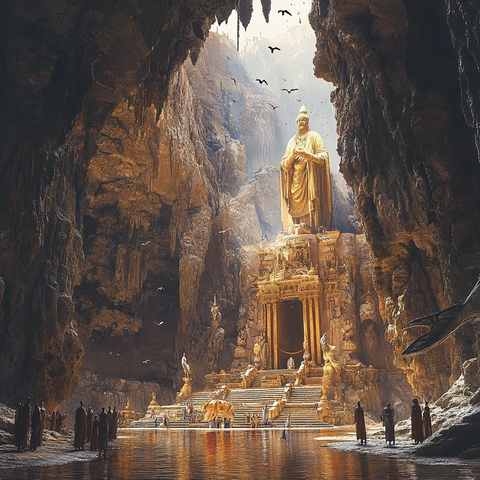 洞穴中的金色佛像及周边参拜人群
