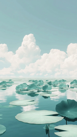 平静湖面莲花白云